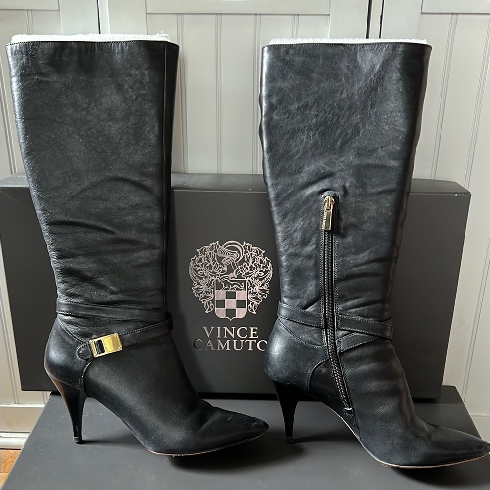 Vince Camuto Black and Gold Heeled Boots with Sleek Design